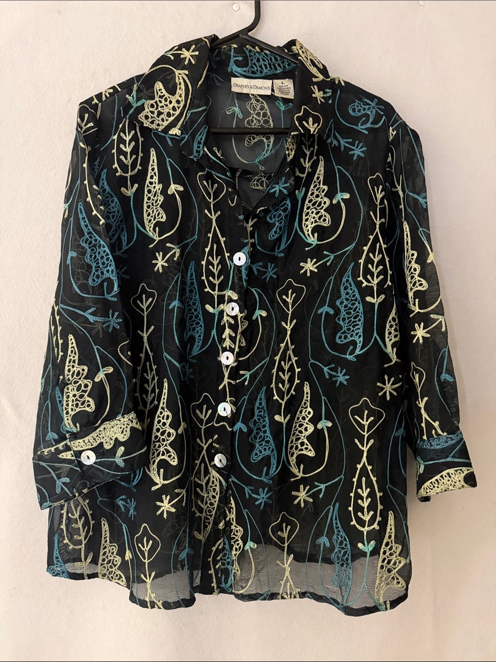 Drapers& diamonds Black Sheer Button-Down with Blue & Cream Embroidery L
